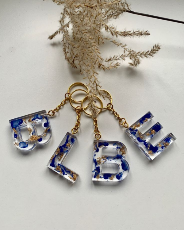 Personalized Blue & Gold Flake Resin Letter Keychain