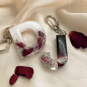 Personalized Resin Letter Keychain with Real Rose Petals