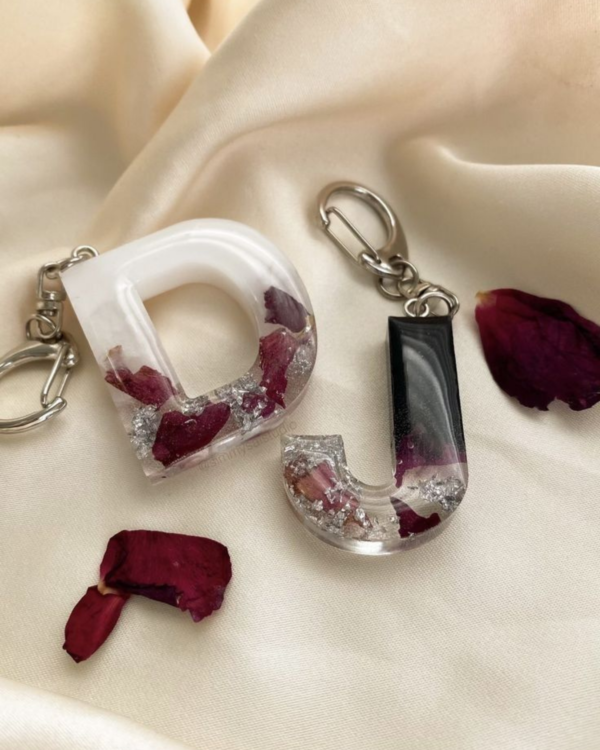 Personalized Resin Letter Keychain with Real Rose Petals