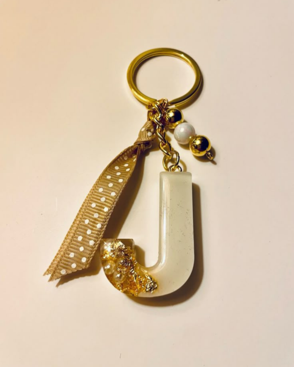 Personalized White & Gold Resin Letter Keychain