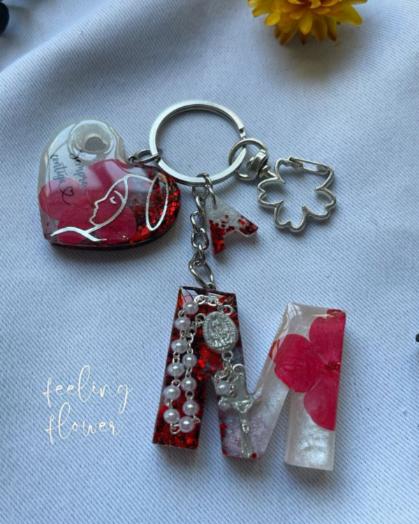 Personalized Red Floral Resin Letter Keychain
